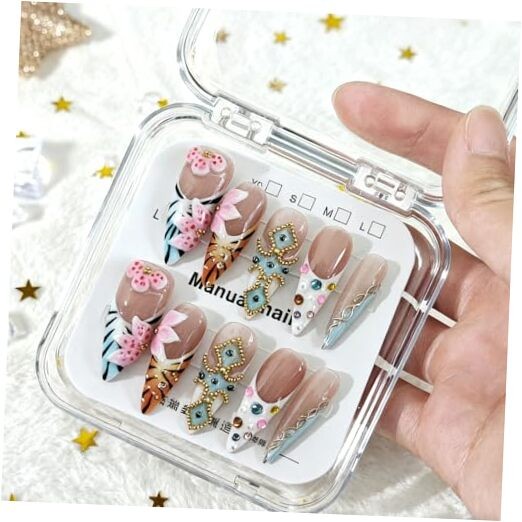 10 Pcs Handmade Acrylic Press on Nails Long Stiletto Fake Nails with M Long02