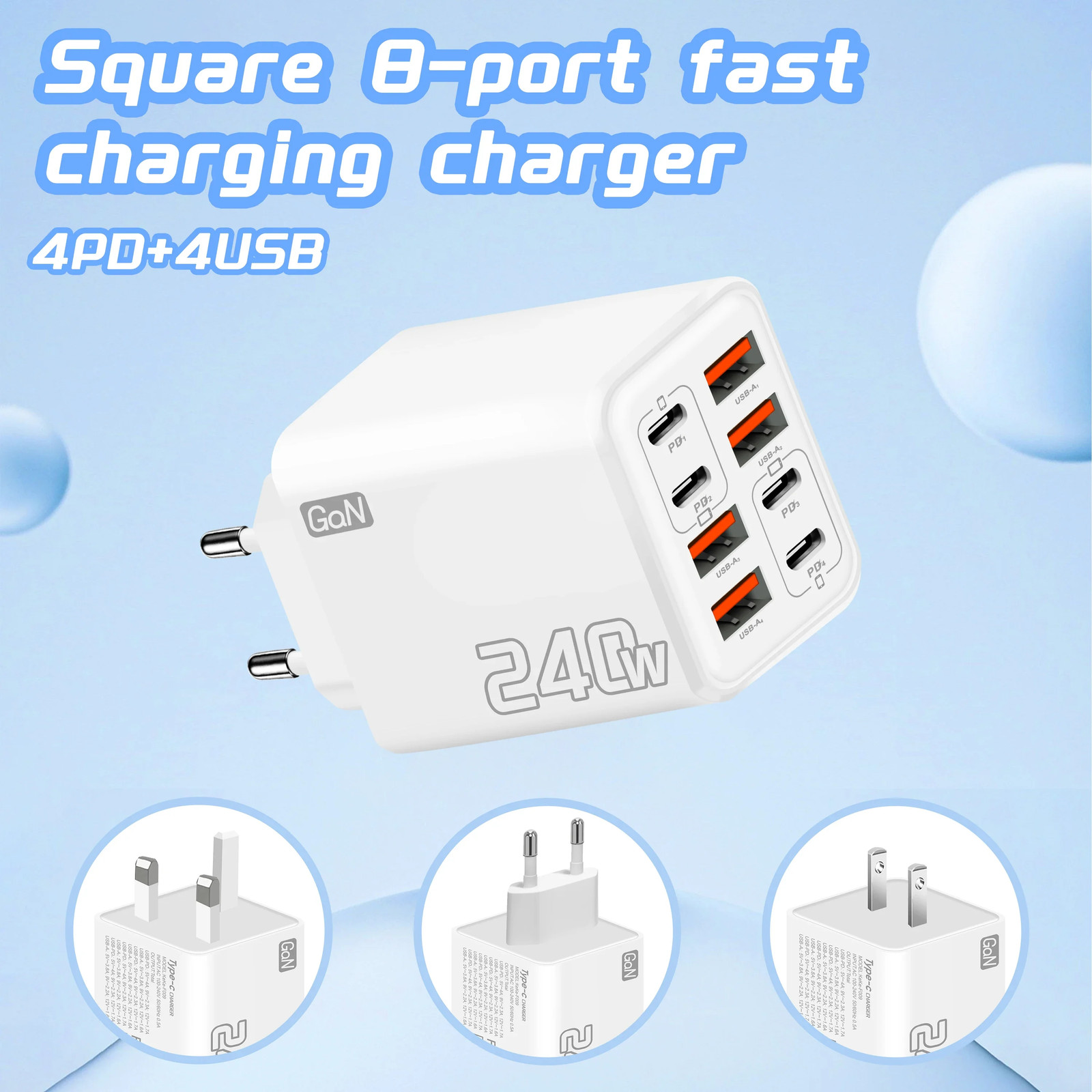 240W GaN USB C Charger 8 in 1 Fast Charging Phone Charger Power Adapter For