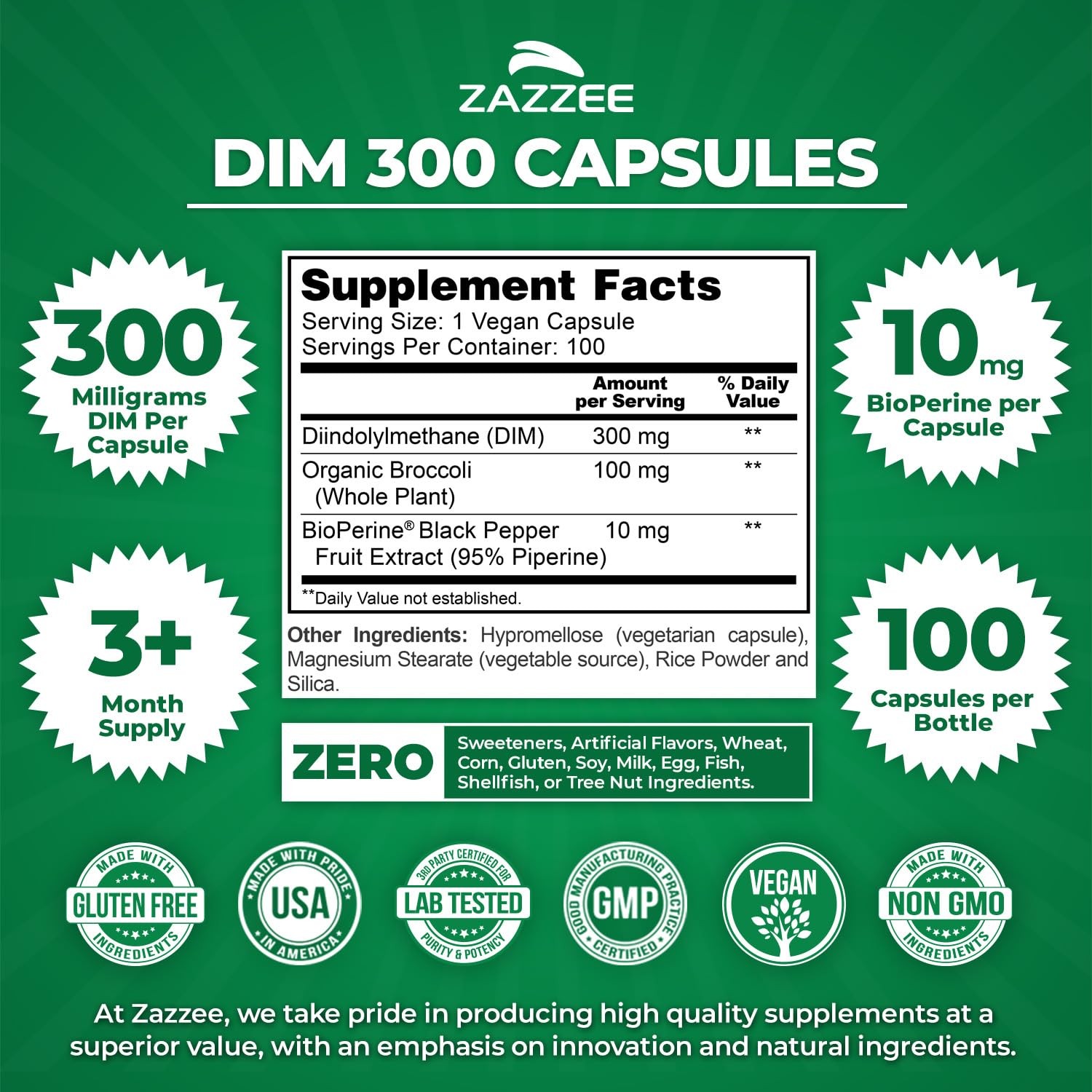 Zazzee DIM 300 mg Per Capsule, 100 Count, Plus 10 100 Count (Pack of 1)