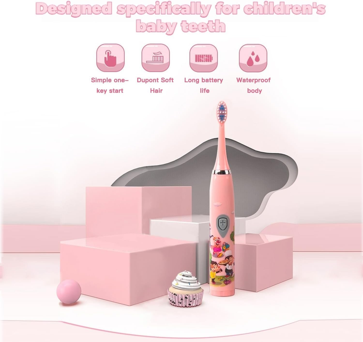 Kids Battery Powered Sonic Toothbrush with 3 Brush Heads Soft Bristles