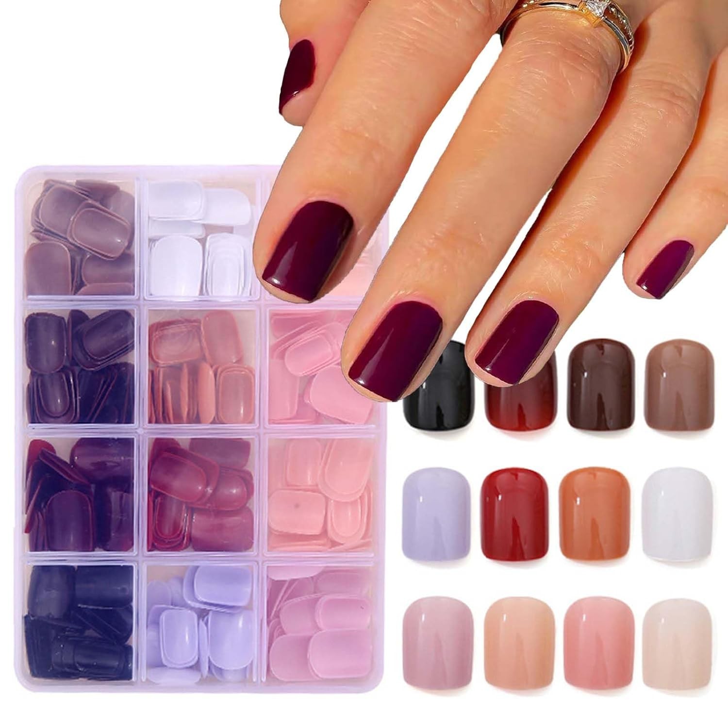 12 Packs 288PCS Short Round Press on Nails Multi-Color Assorted Neutral Reusable