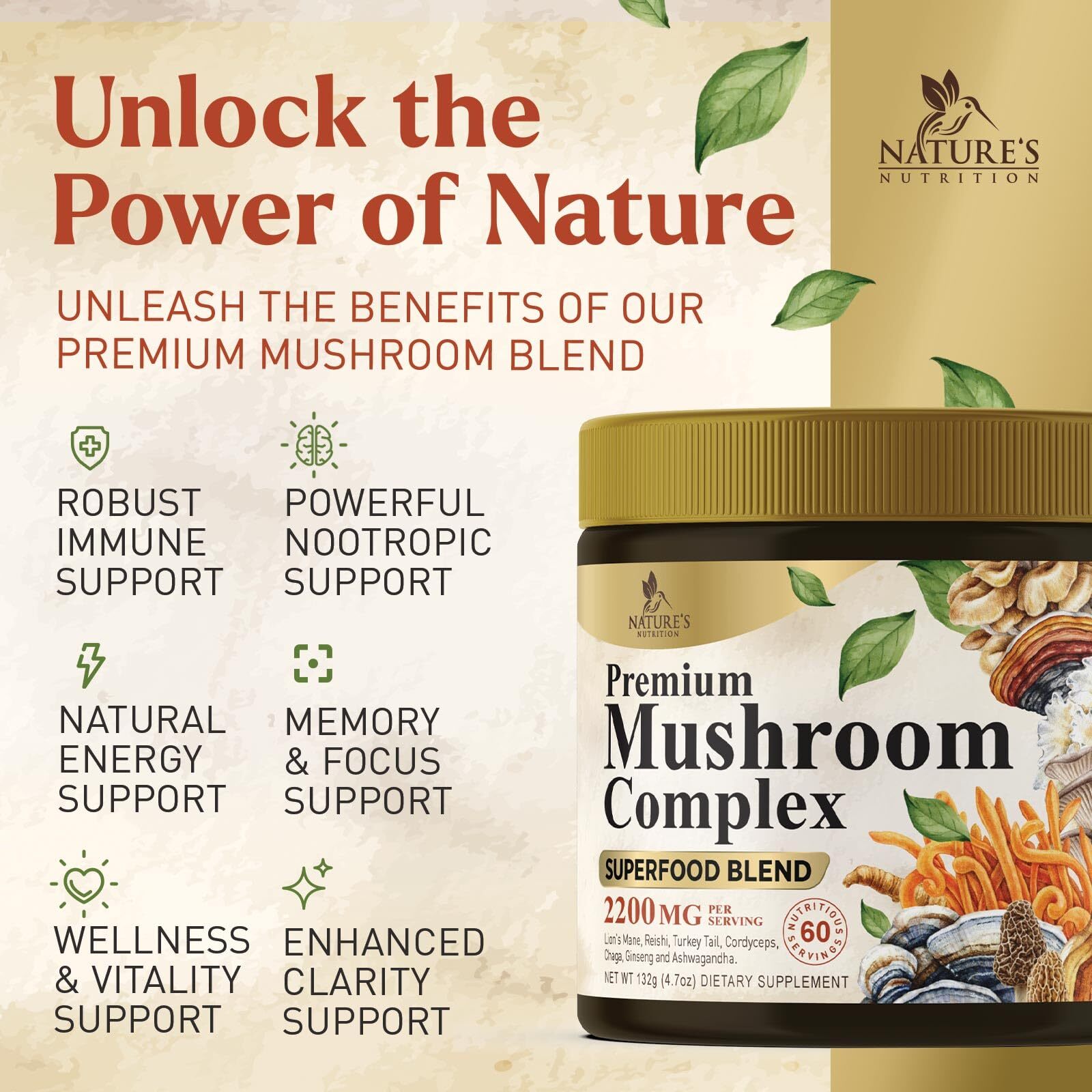 Organic Mushroom Supplement Powder – 11 in 1 Complex Nootropic & Adaptogens