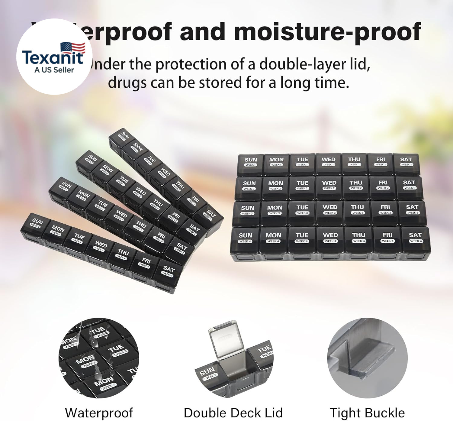 Monthly Pill Organizer 28 Day Large Pill Box 4 Times Daily Travel Black