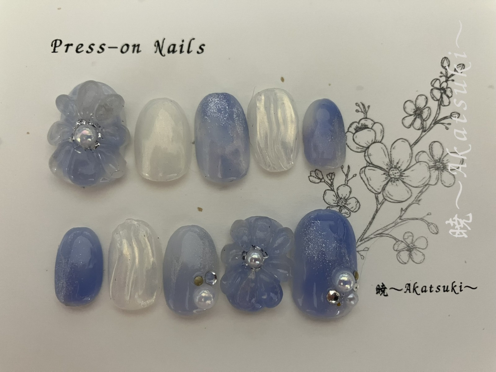 Blue Floral Press On Nails 3D Flower Pearl Summer Handmade Japanese Style M