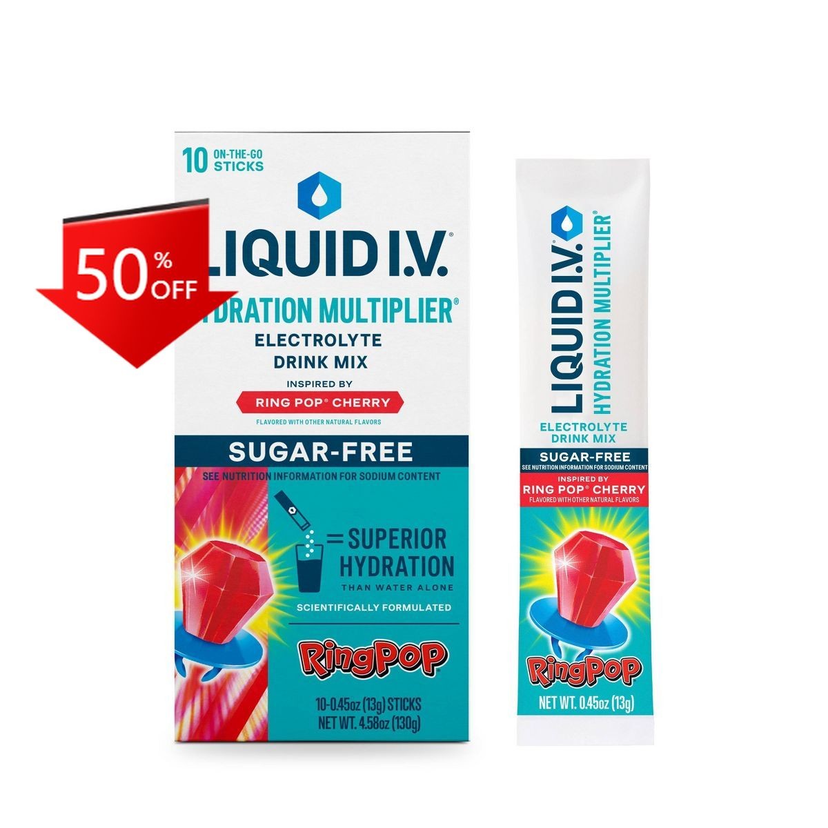 Liquid I.V. Cherry Ring Pop Sugar Free Hydration Multiplier Sports Drink – 10ct