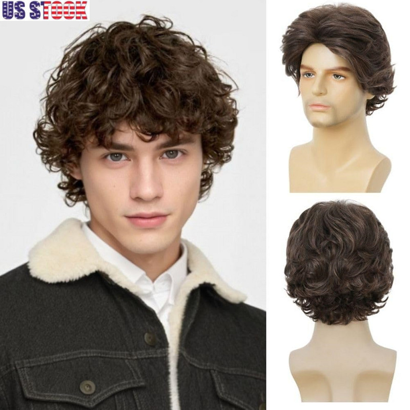 Men Brown Short Curly Wig Fluffy Synthetic Fiber Hair Wigs for Men Daily Wig US