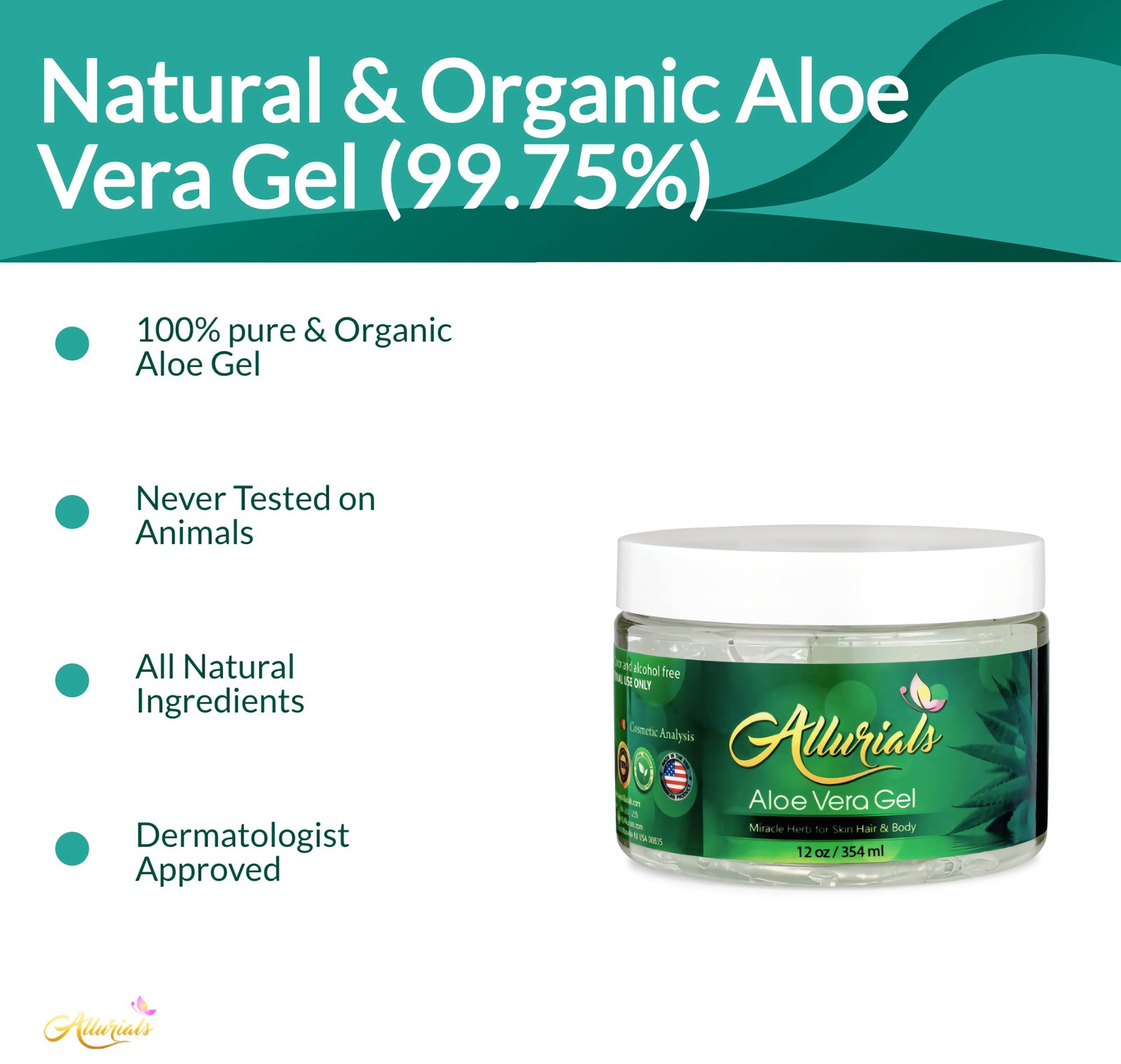 Allurials 99.75% Pure & Organic Aloe Vera Gel – Made in 12 Ounce (Pack of 1)