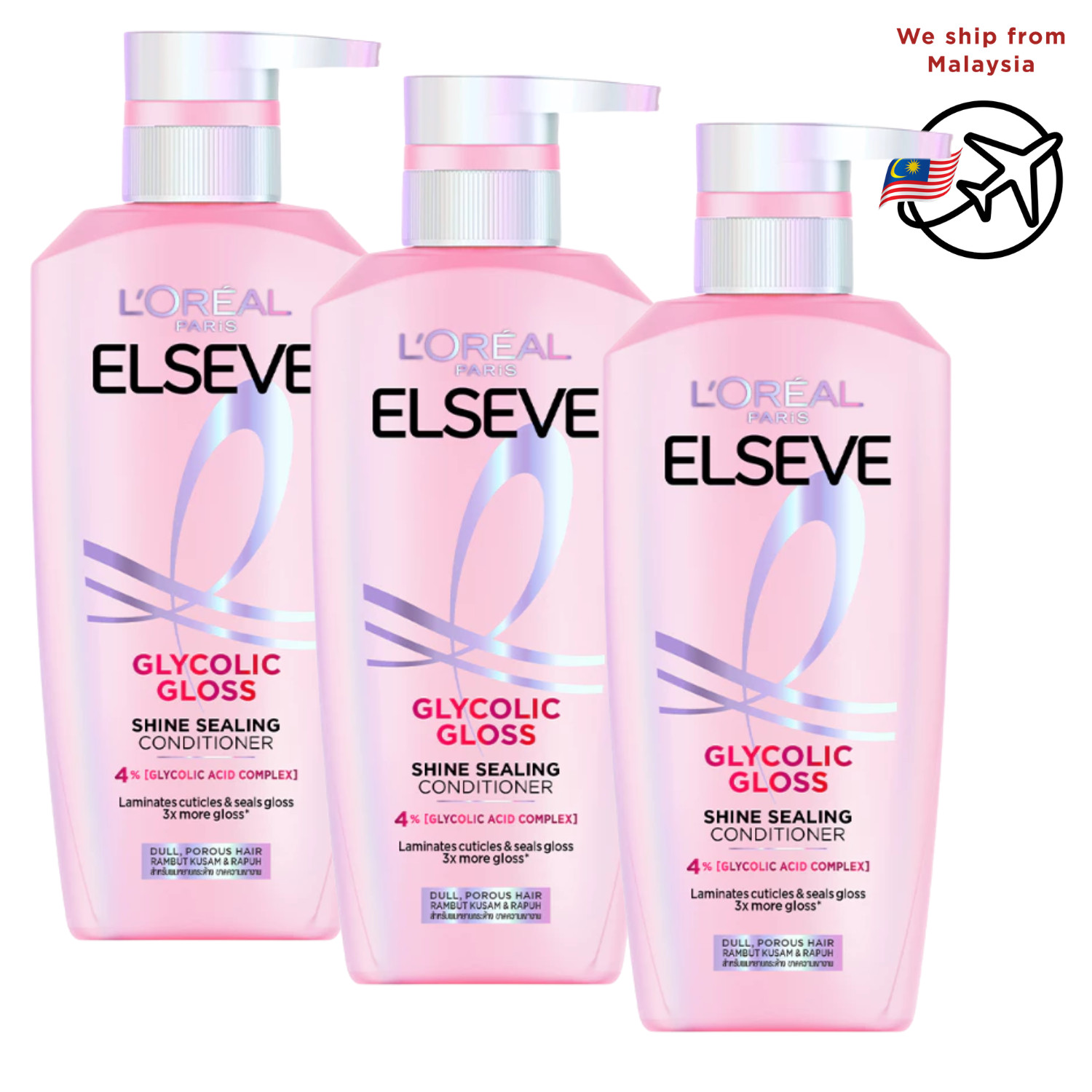 L’Oréal Paris Elseve Glycolic Gloss Shine Sealing Conditioner 375ml – 3 PACK