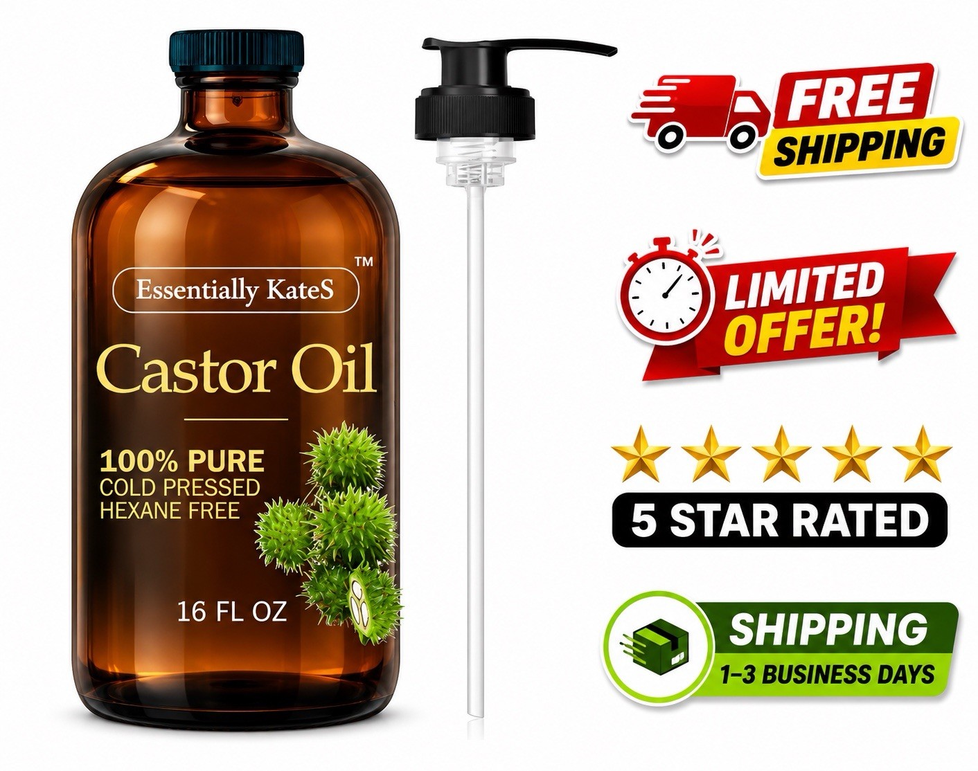 Cold-Pressed Organic Castor Oil in Glass Bottle – 16 Fl Oz – 100% Pure and Natur