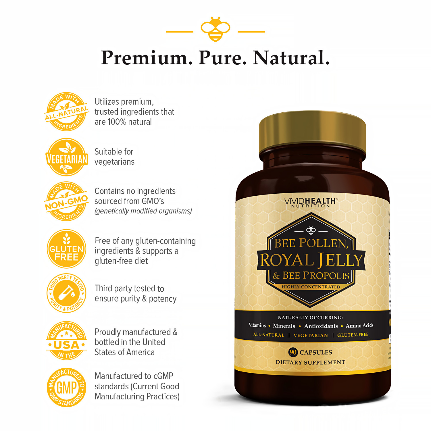 ROYAL JELLY Supplement w/ BEE POLLEN & PROPOLIS Immune System Booster raw pure