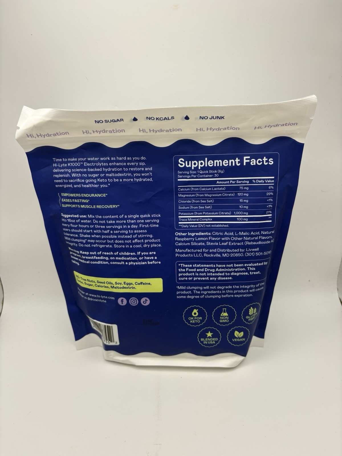 Hi-Lyte K1000 Electrolytes Powder Packets Raspberry 6.3 Ounce 30 Count Exp 6/28