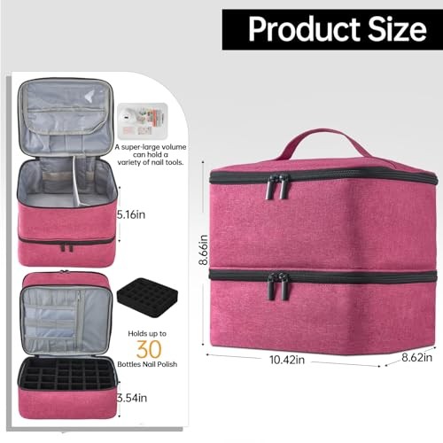 Double-Layer Nail Polish Organizer Bag, Holds 27 Bottles (15ML/0.5 FL.OZ Pink
