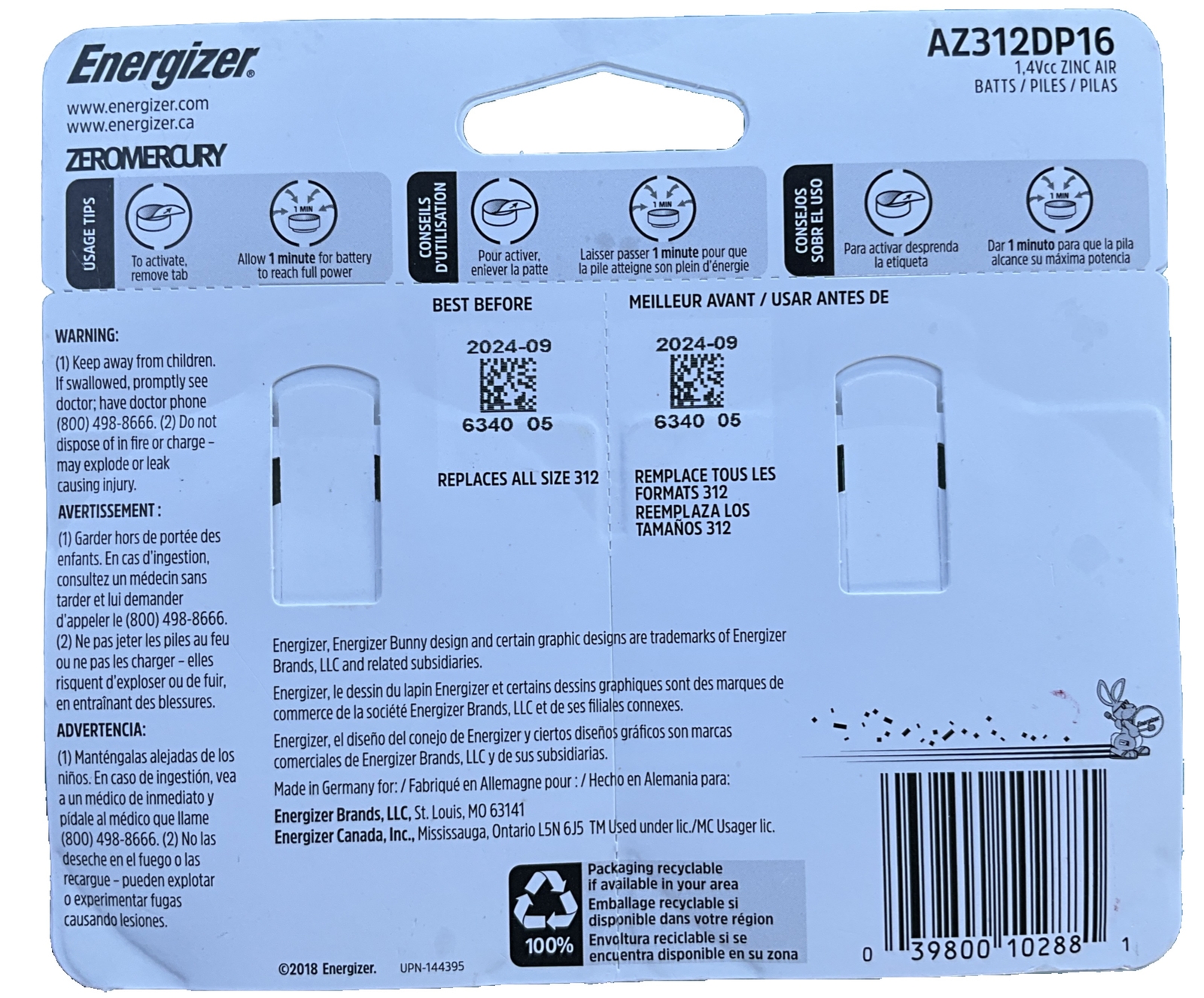 Energizer Size 312 Hearing Aid Batteries 16 Pk Expires 09/2024