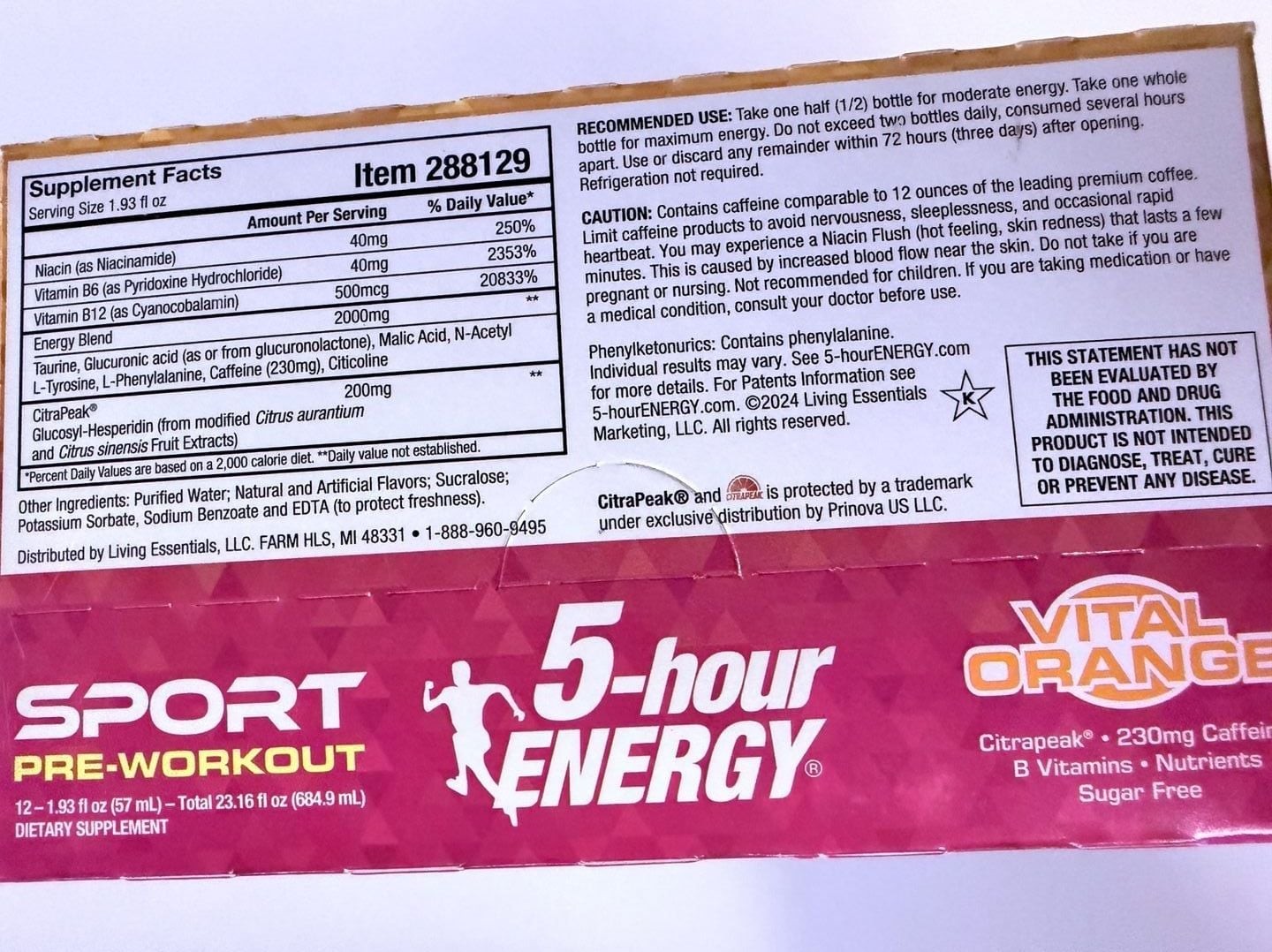 5-Hour Energy Sport Pre-Workout Dietary Supplement, Vital Orange, 12-Pack