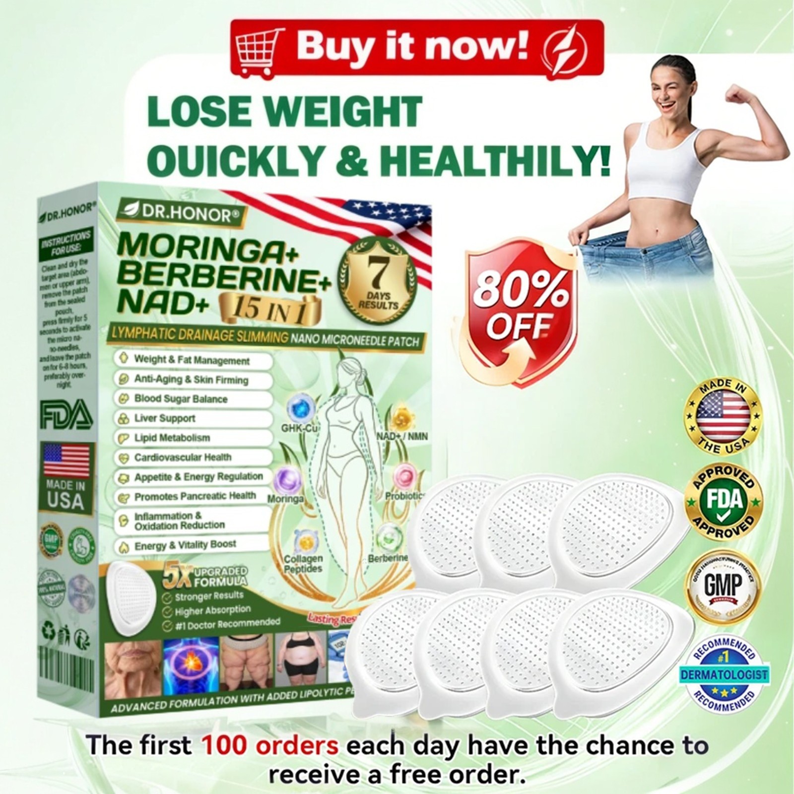 DR.HONOR Moringa Berberine NAD+ Weight Loss Patches Advanced Nano Microneedle