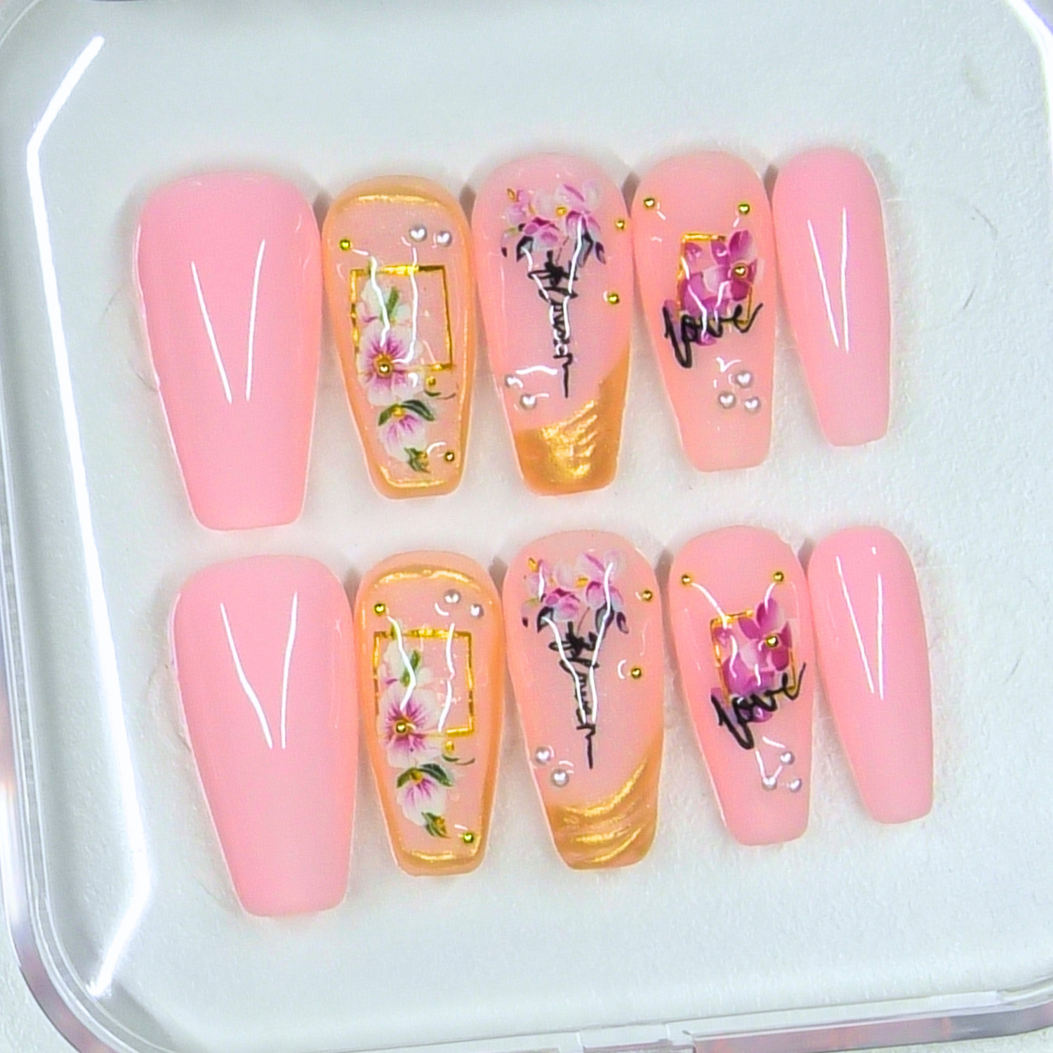 Press On Nails Handmade, Medium Coffin, Size Medium, Pink & Gold Floral