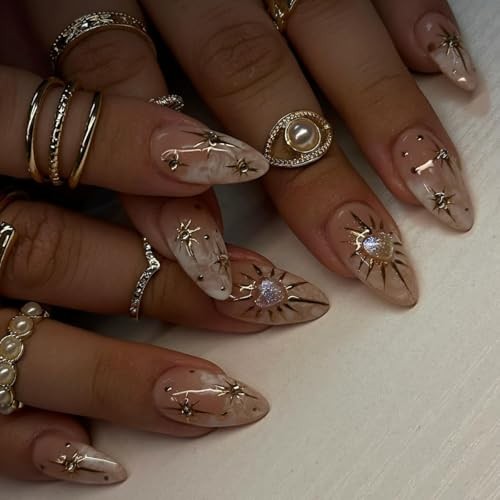 3D Boho Stars Gold Press On Nails Almond Medium 30 Pieces (Pack of 1) Q-1029