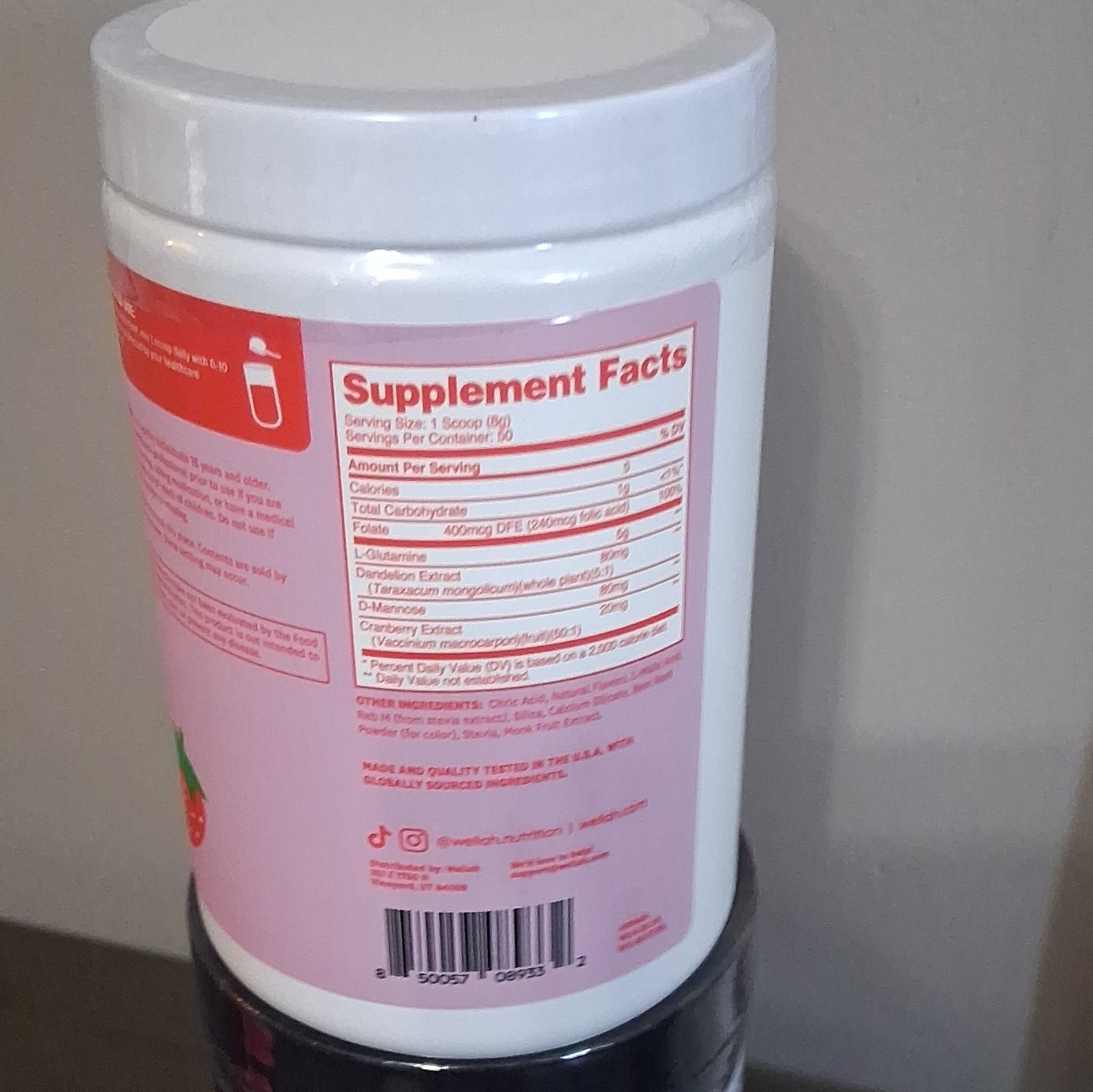 wellah L-Glutamine Powder Strawberry Lemonade w/ Folate Cranberry D-Mannose