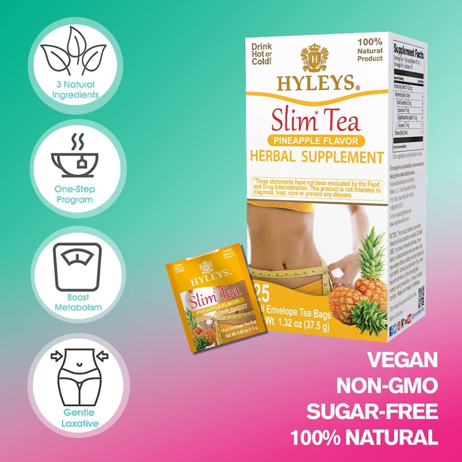 (2 PACK BUNDLE) Hyleys Slim Tea 50 CT Weight Loss Pineapple Supp (100 TEA BAGS)