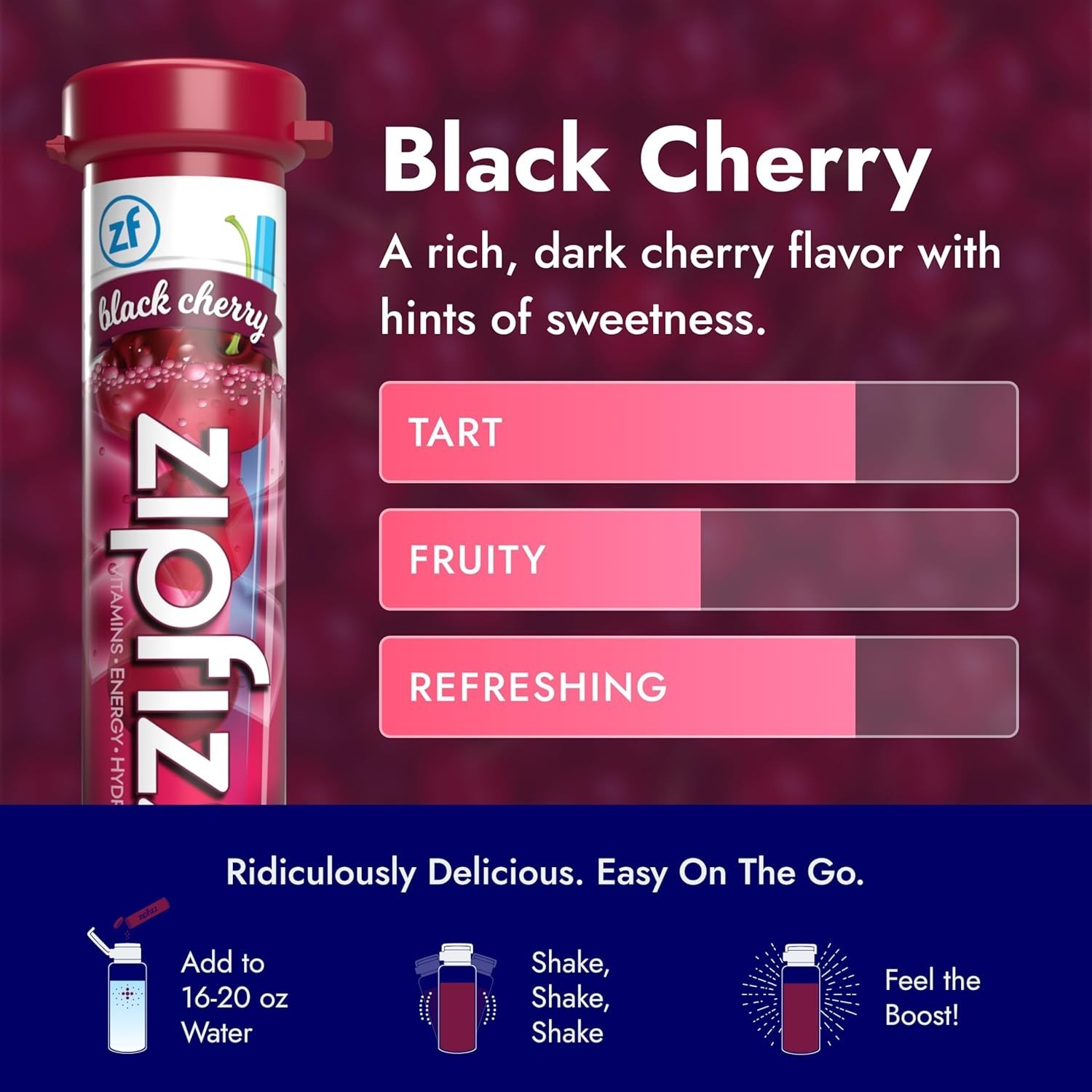 Zipfizz Daily Energy Drink Powder, Black Cherry, 20 Pack 3-in-1 Sustained Energ