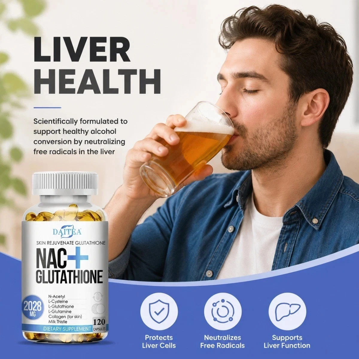 Daitea NAC + Glutathione Supplement , Supports Liver & Skin Health,120 Capsules