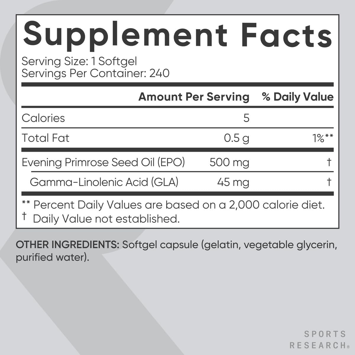 Evening Primrose Oil 500mg Cold-Pressed, Non-GMO, Gluten & Soy Free, 240 Softgel