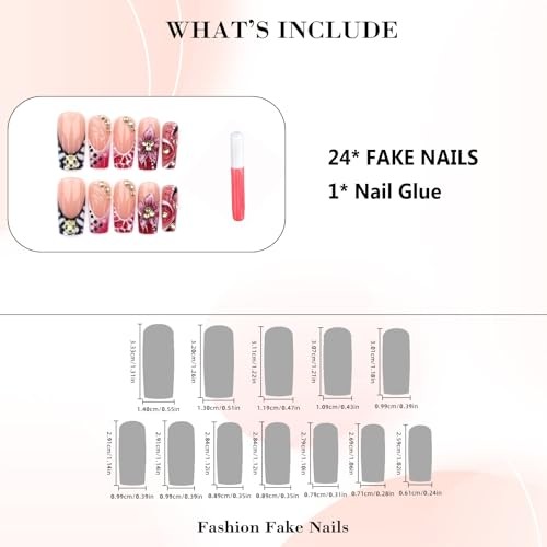 Press on Nails Long Square Fake Nails Pink French Tips False Nails C-37Pink