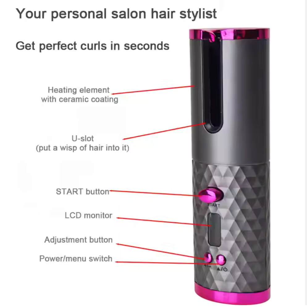 Cordless Auto Hair Curler Ceramic Rotating 6 Temps Rechargeable Travel Curling I