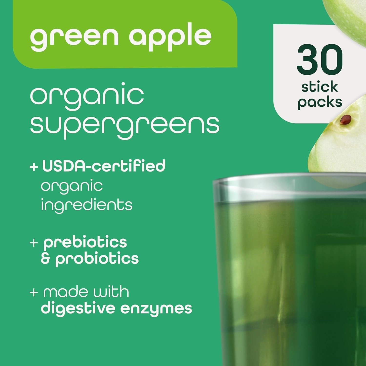 Organic Super Greens Powder with 70+ Superfoods & 0 Sugar – Green Apple, 30 Pack