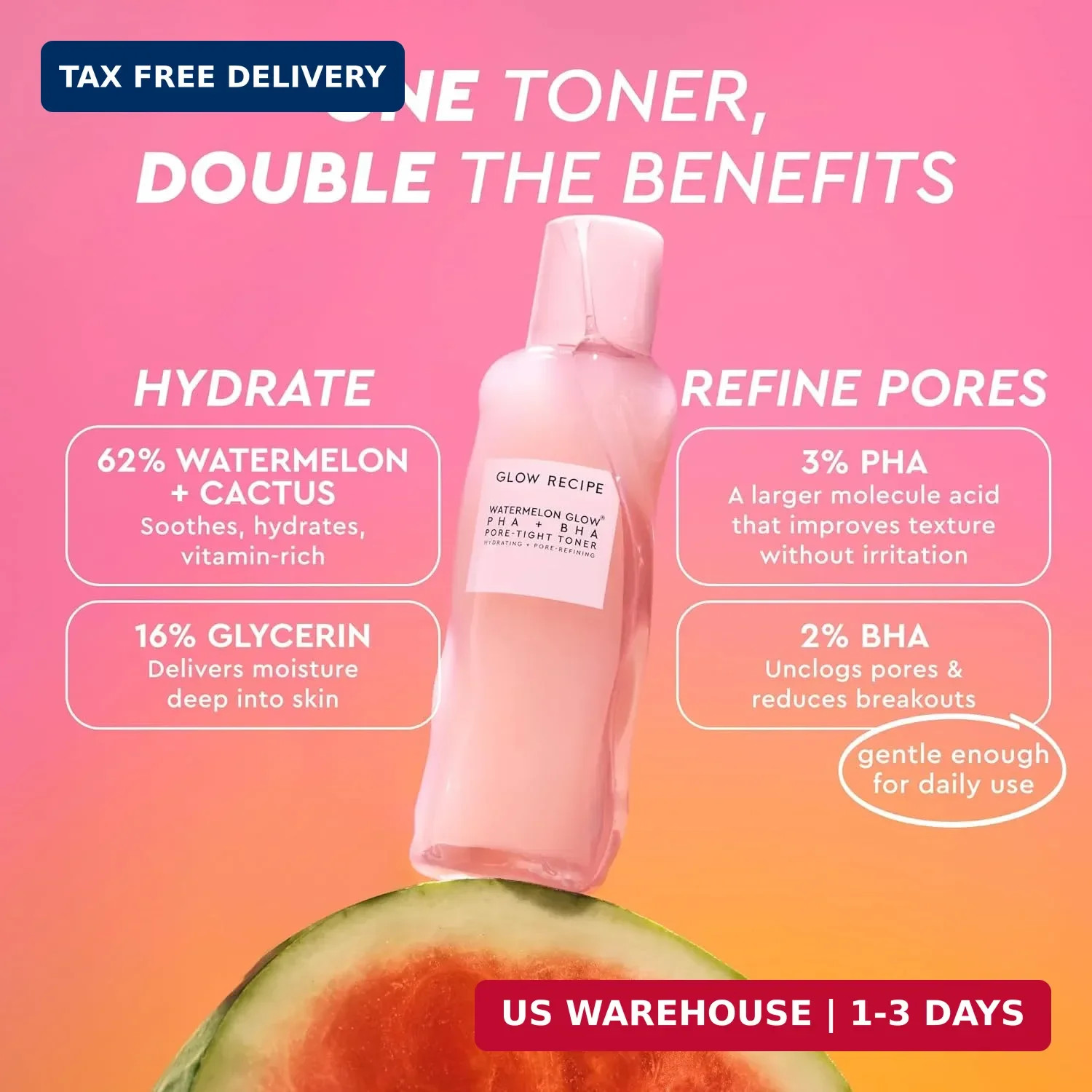 Glow Recipe PHA + BHA Face Toner, Korean Exfoliating Toner for Pores, Gentle Che
