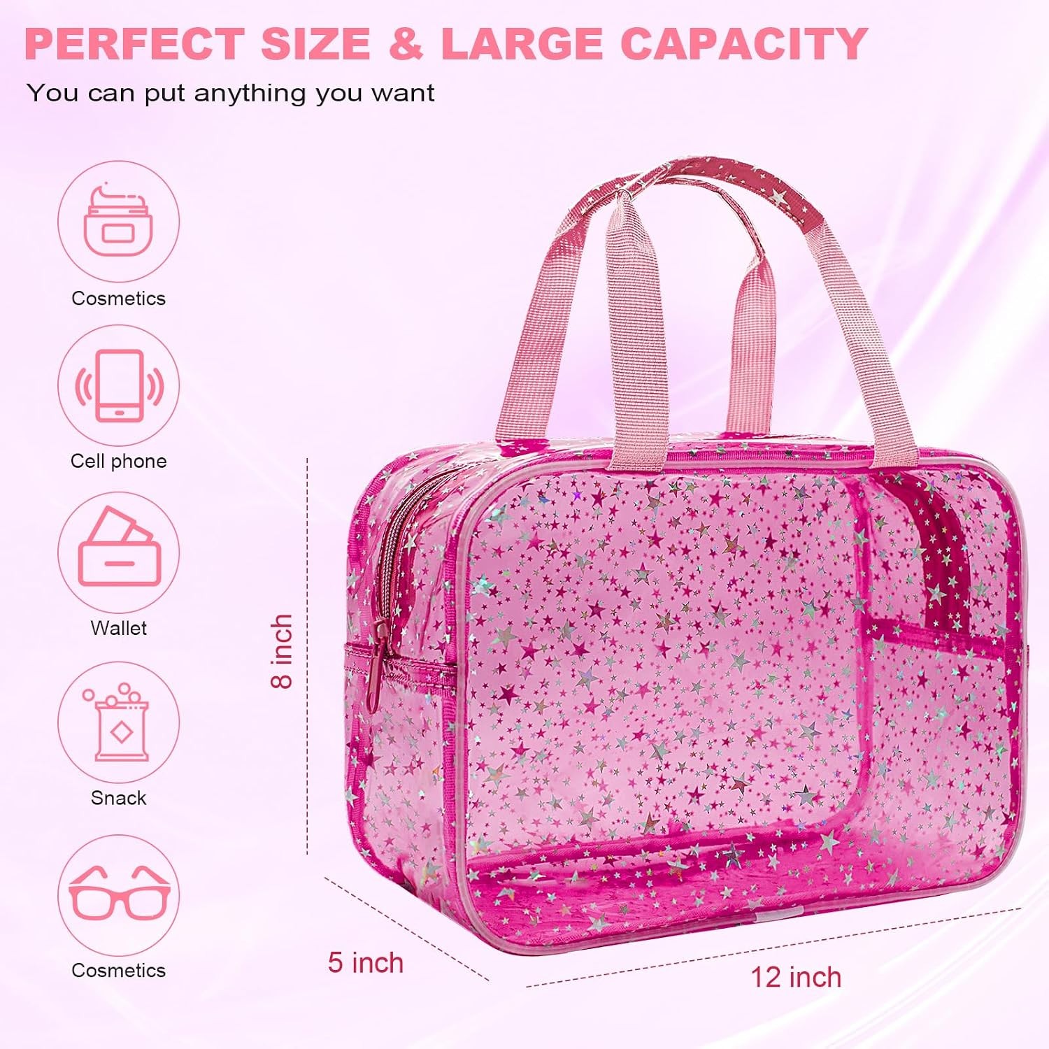 Clear Red Star Large Makeup Bag with Star Pattern12x5x8 inch,Travel Cosmetic Bag