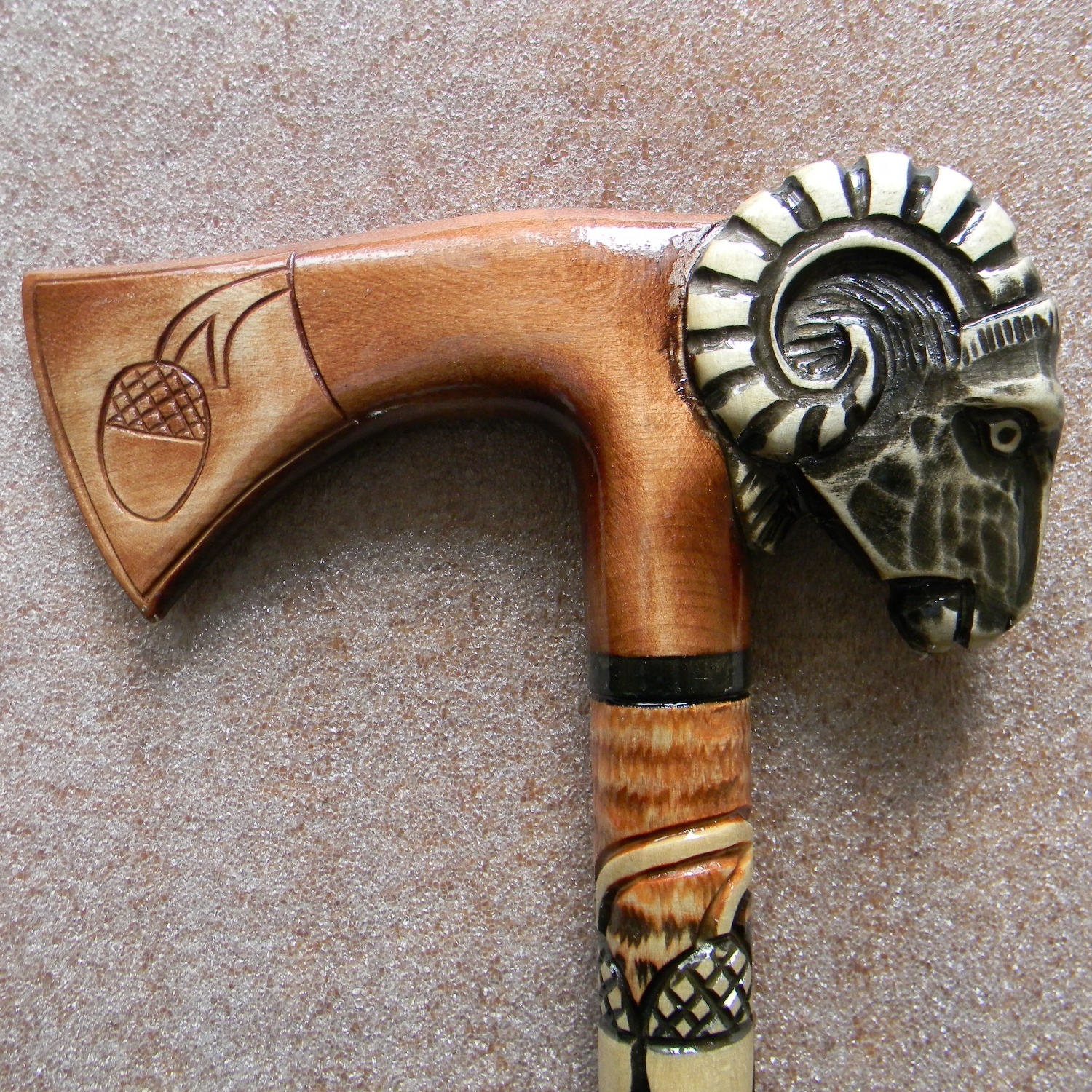 RAM HATCHET 35″ High Quality Hand Carved Wooden Walking Stick Cane Ukraine