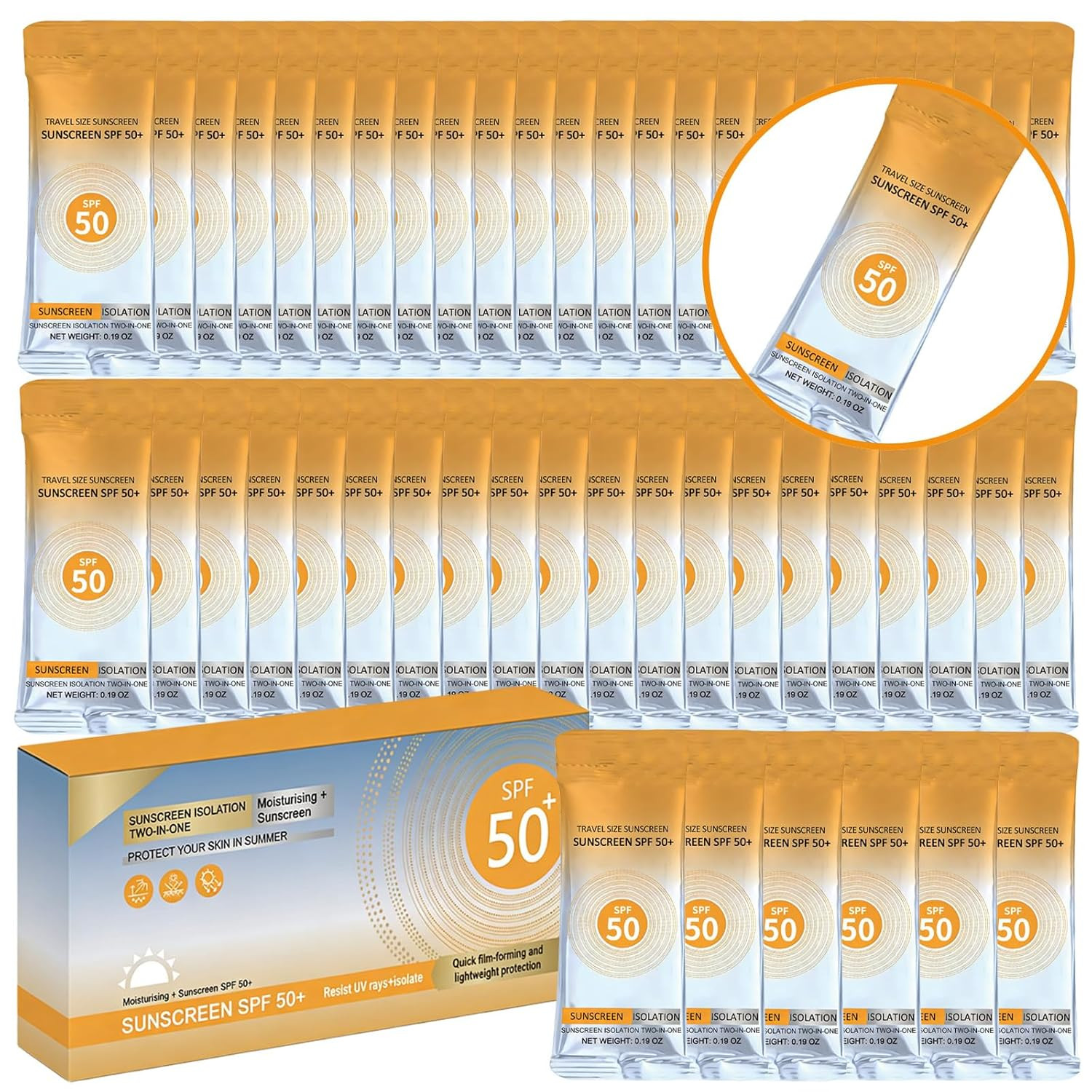 50 Pcs Travel Size Sunscreen SPF 50+ Bulk Mini Sunscreen for Face & Body Ligh