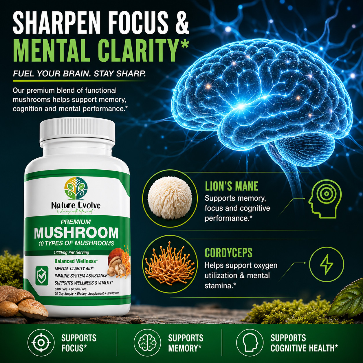 Nature Evolve Premium 10 Functional Mushrooms Complex 1330mg Made In US