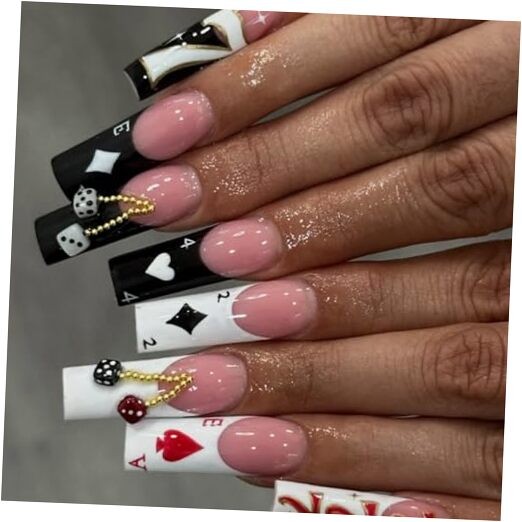 Pink & Black Poker Theme Long Square Press on Nails with Black & White Dice