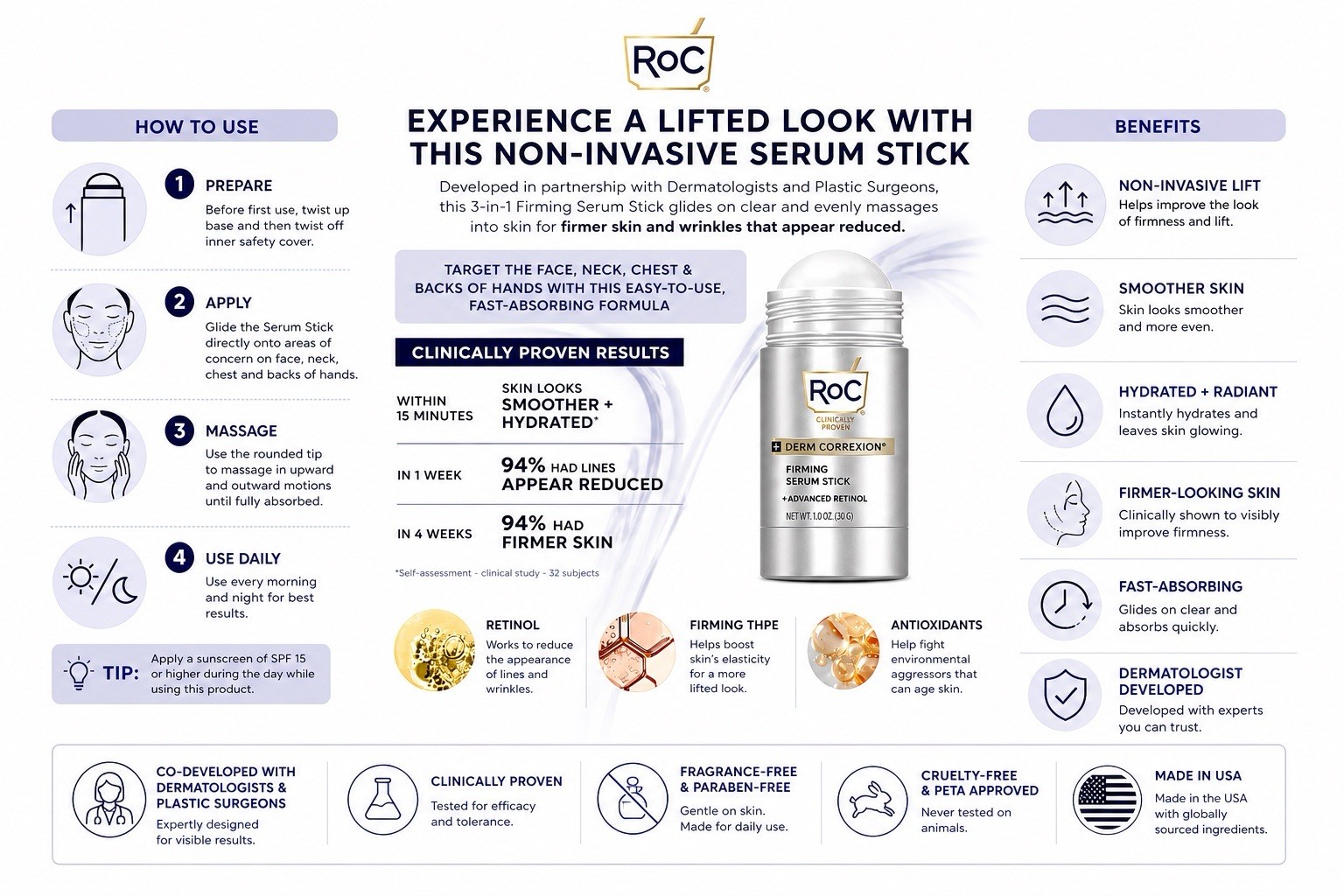 NEW ROC DERM CORREXION FIRMING 3 in 1 SERUM STICKS ADVANCED RETINOL, 2 PK 1oz Ea