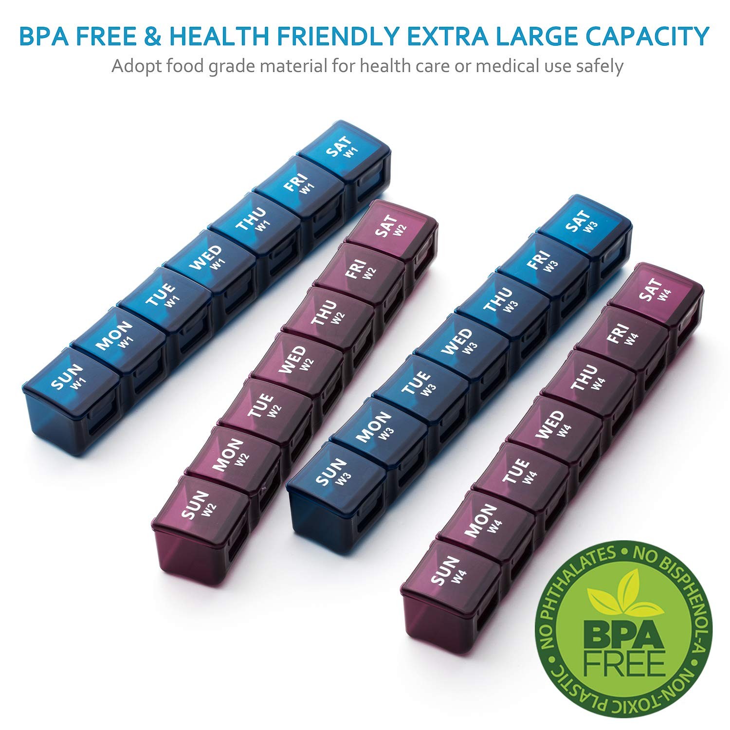 XL Monthly Pill Organizer 1 Time a Day, 4 Week 5 Piece Set, Purple-blue