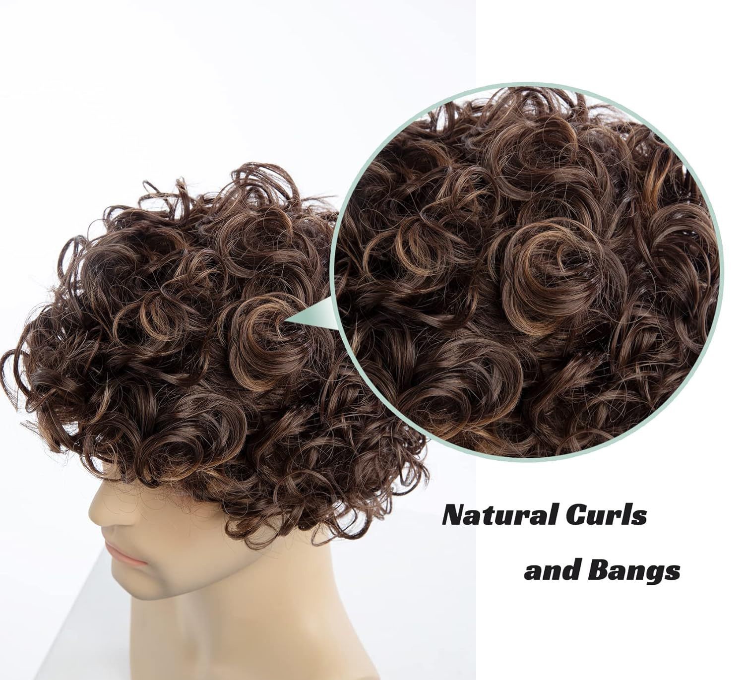 Men Brown Short Curly Wig Fluffy Synthetic Fiber Hair Wigs for Men Daily Wig