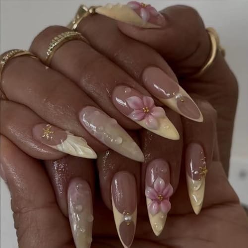 French Tips Press on Nails Medium Almond Fake Nails with 5D Flower Color30