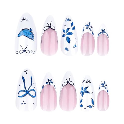 24Pcs Blue Flower Press on Nails Medium Almond French Tip Flower Fake Nails-17