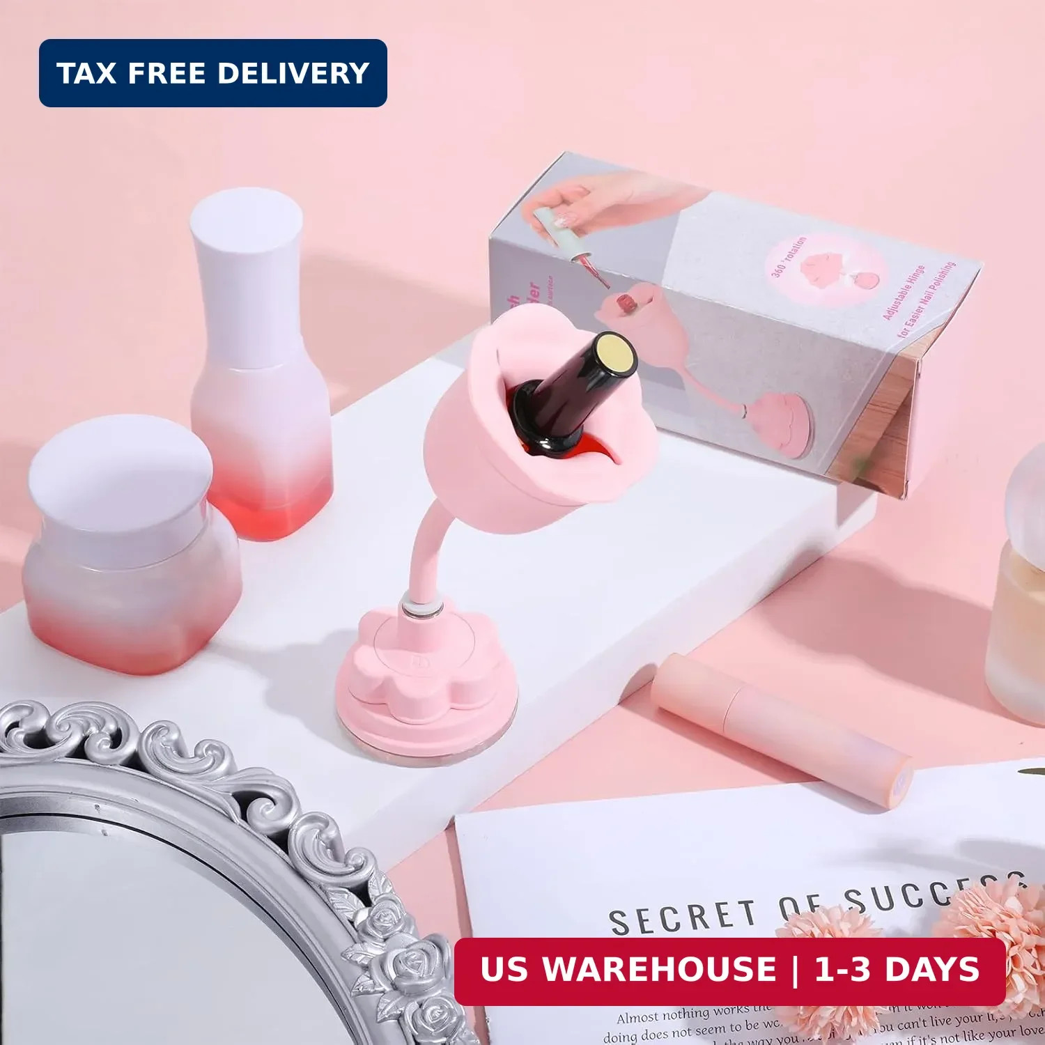 360° Rotating Nail Polish Bottle Holder Stand with Suction Cup Anti Spill Pink