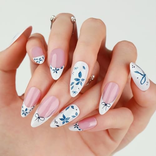 24Pcs Blue Flower Press on Nails Medium Almond French Tip Flower Fake Nails-17