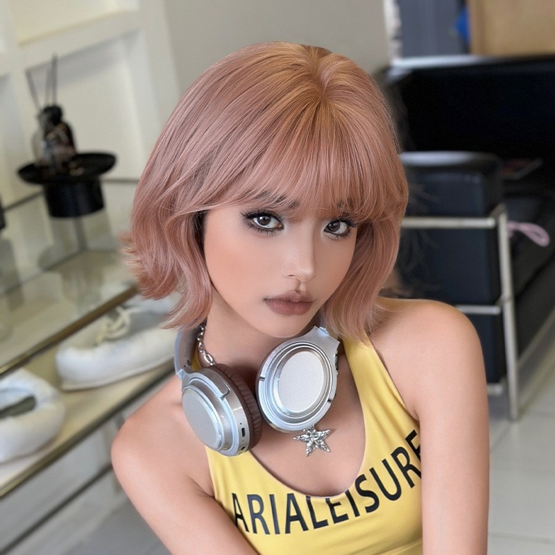 Short Curly Orange Pink Synthetic Full Wig High Temperature Fiber Natural
