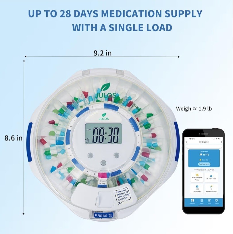 Senyerkare Bluetooth Automatic Pill Dispenser, Lock Compartment, Clear Lid