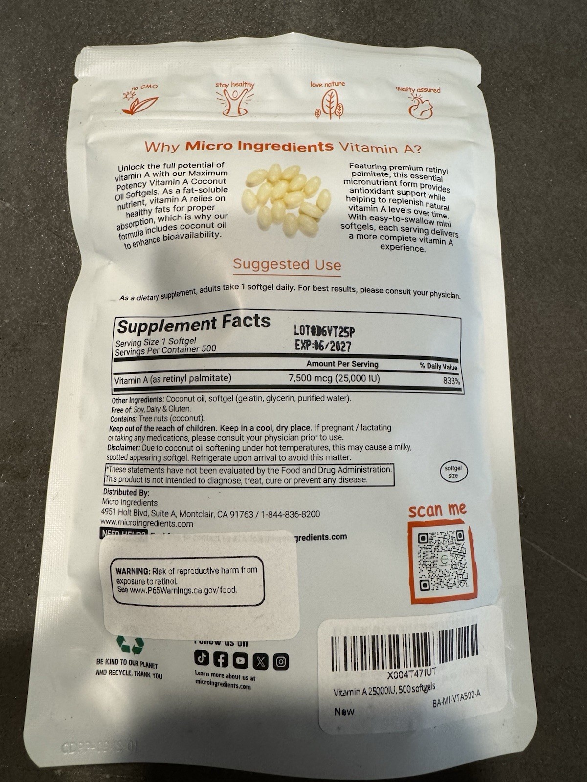 Micro Ingredients Vitamin A 25,000 IU Softgels 500 Ct GMO Free Gluten-Free