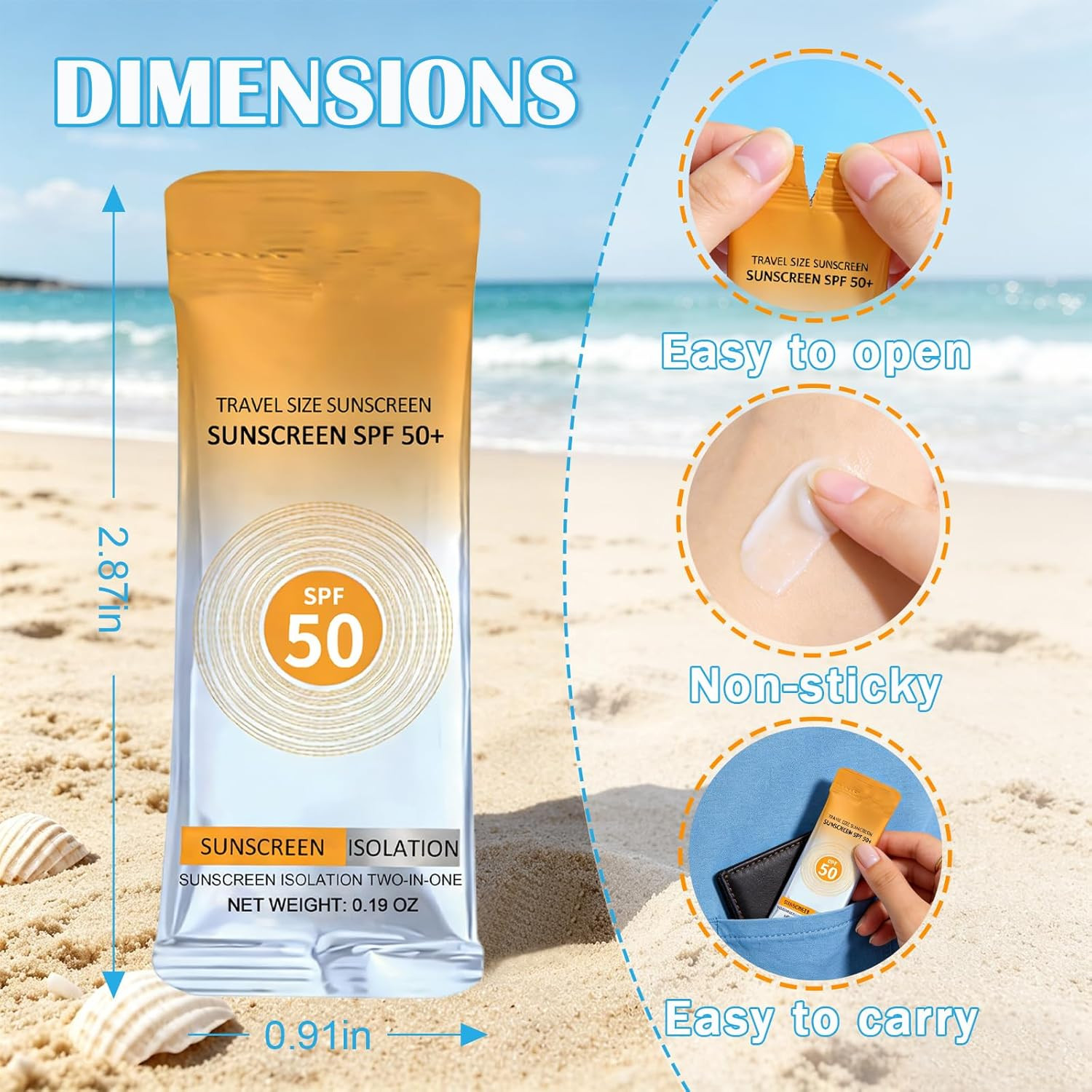 50 Pcs Travel Size Sunscreen SPF 50+ Bulk Mini Sunscreen for Face & Body Ligh