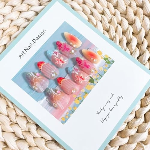30Pcs Summer Beach Press on Nails Short Almond Fake Nails with 3D Colorful-14