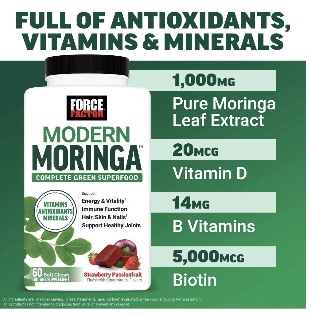 Force Factor Modern Moringa Energy Hair Skin Nails Immune B Vitamins 60 Chews..