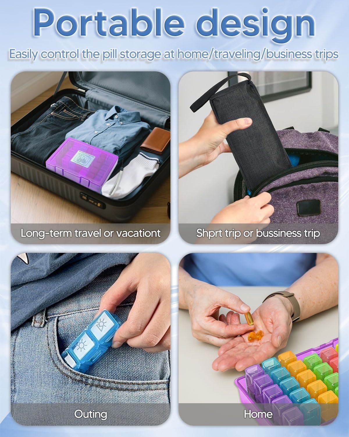 Weekly Pill Organizer 3x Daily, Portable Medicine Box with Pill Cutter & Sticker