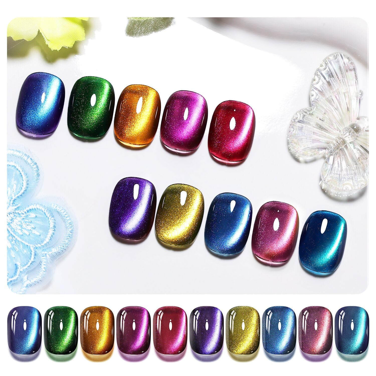 Cat Eye Gel Nail Polish 10 Colors Blue Green Red with Base Coat Top Coat Magnet